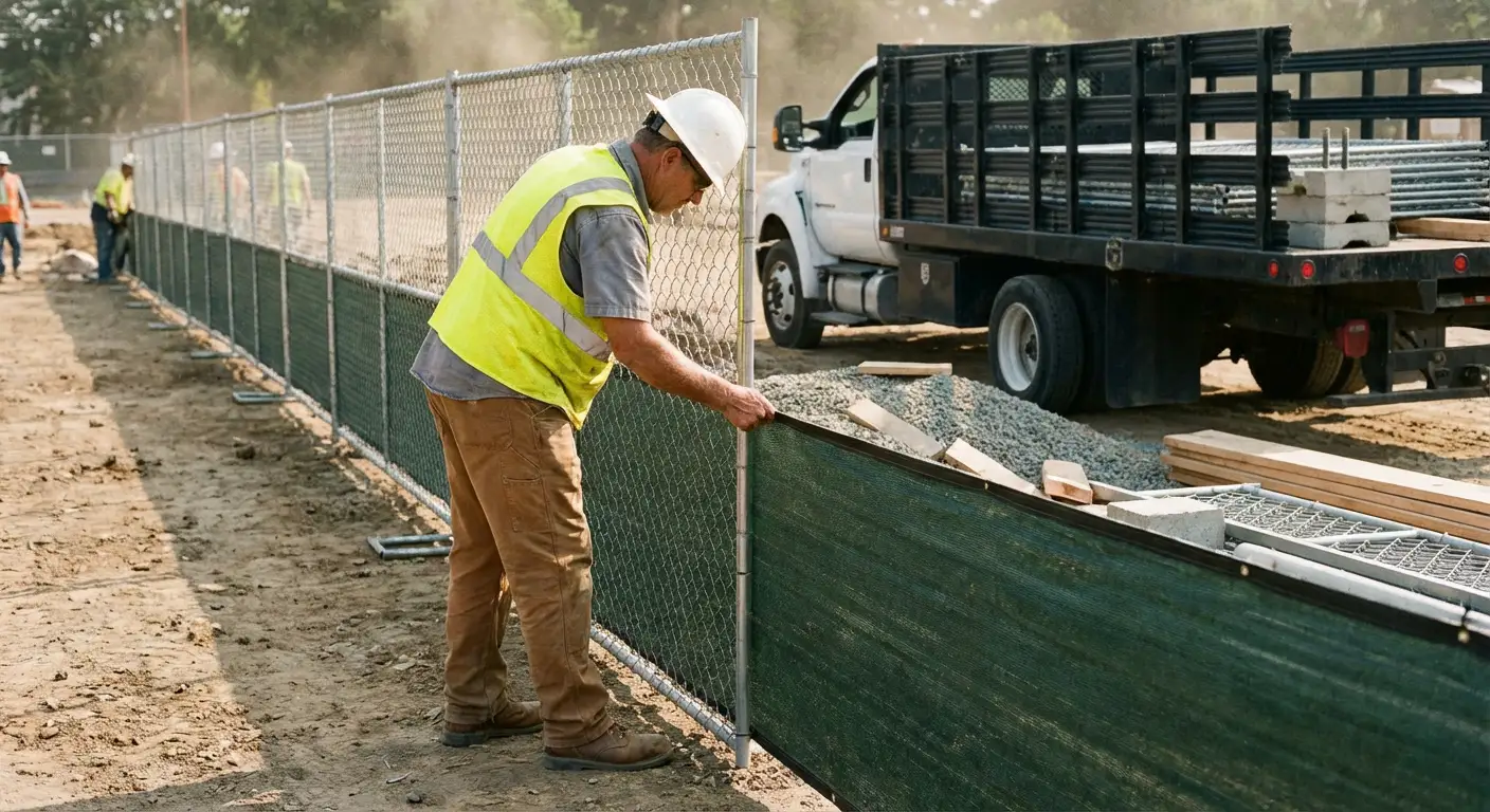 Privacy windscreen installation on construction fence in Tigard, OR